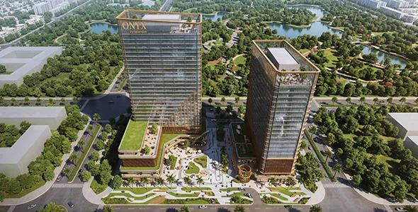 Glass facade and sphere feature